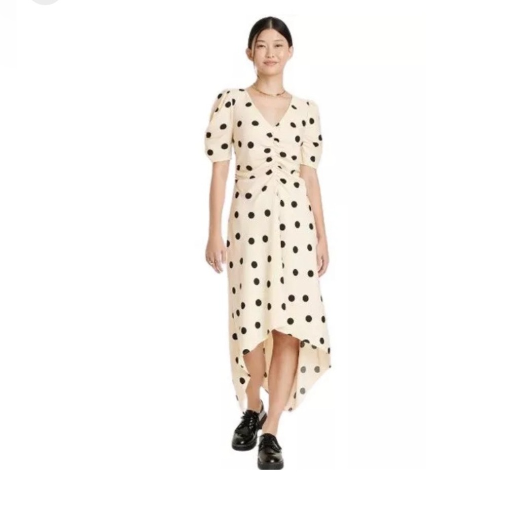 A New Day Womens Midi Dress Cream Black Ruched High Low Crepe